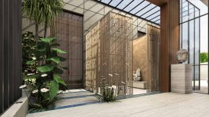 A slatted wooden partitioned temple design opening to the outdoo