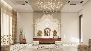 A grand pooja room with birds on the ceiling & matching drapes -